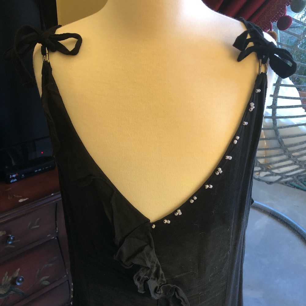 Black Frilled Beaded V-Neck Dress